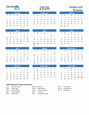 Antigua and Barbuda current year calendar 2026 with holidays