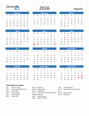 Anguilla current year calendar 2026 with holidays
