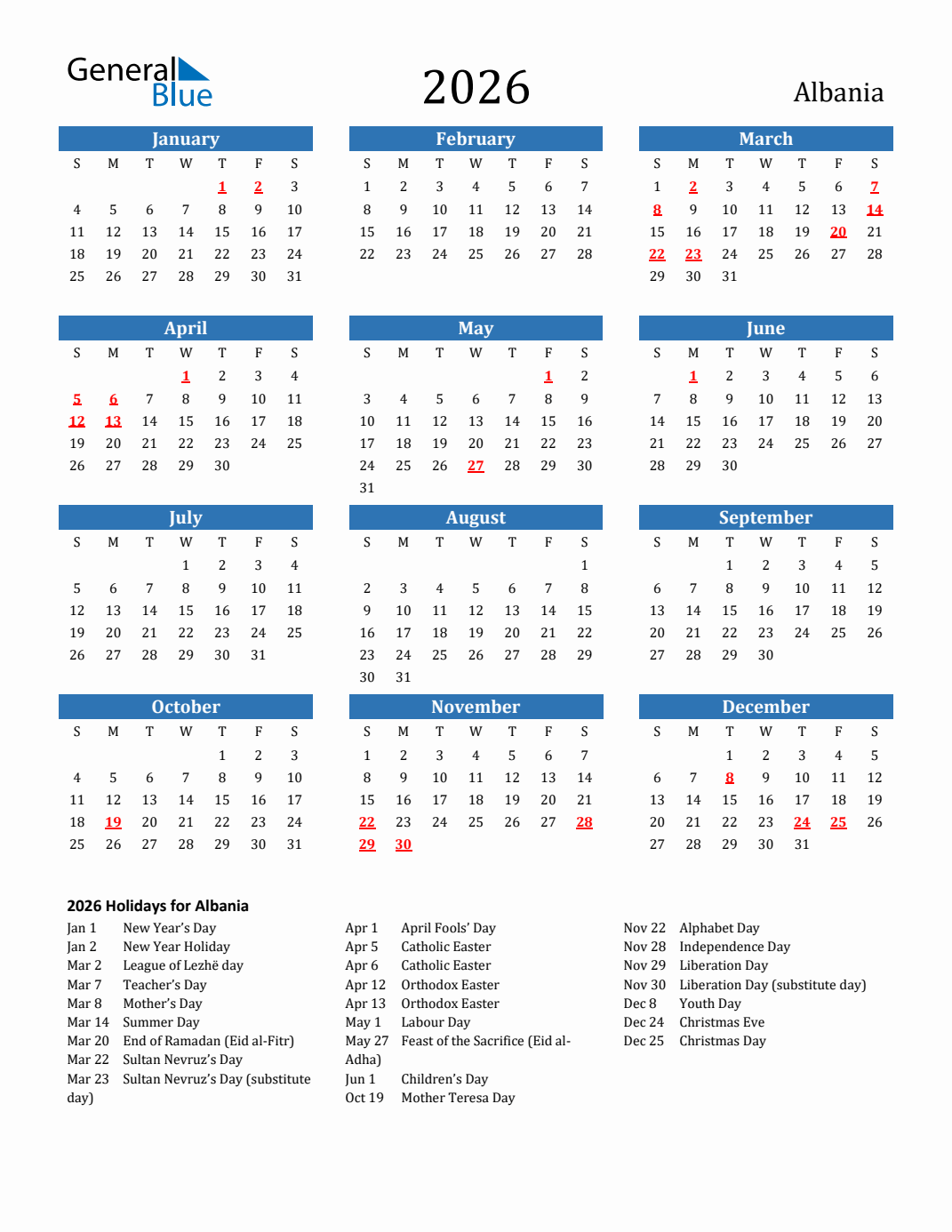 2026 Albania Calendar with Holidays