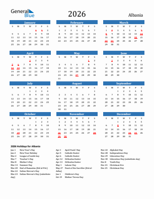 Albania current year calendar 2026 with holidays