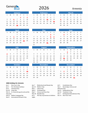 Armenia current year calendar 2026 with holidays