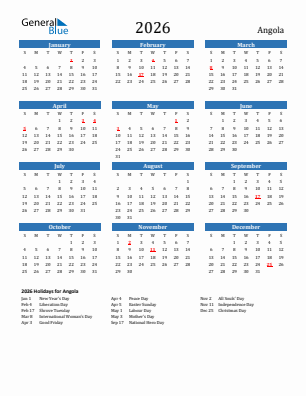 Angola current year calendar 2026 with holidays