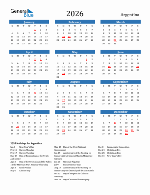 Argentina current year calendar 2026 with holidays