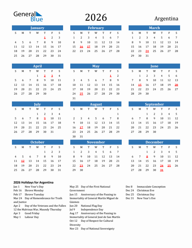 Argentina 2026 Calendar with Holidays