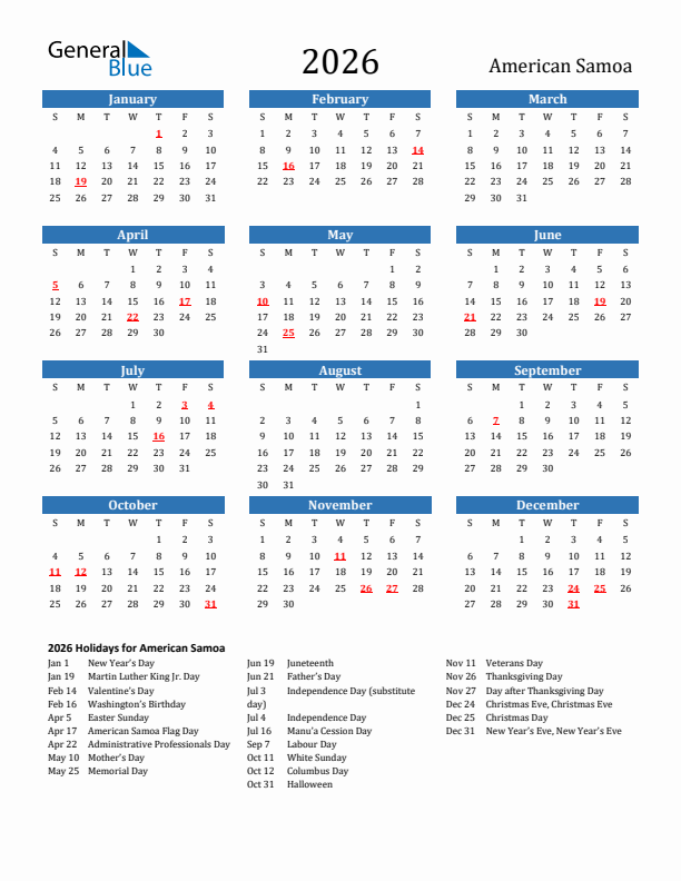American Samoa 2026 Calendar with Holidays