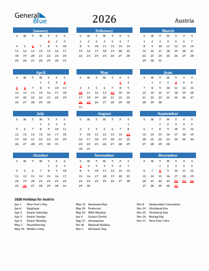 Austria current year calendar 2026 with holidays