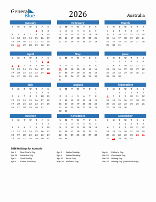 Australia current year calendar 2026 with holidays