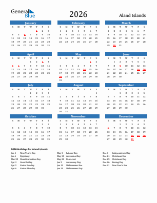 Aland Islands current year calendar 2026 with holidays