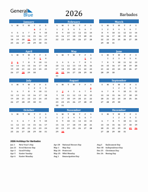 Barbados current year calendar 2026 with holidays