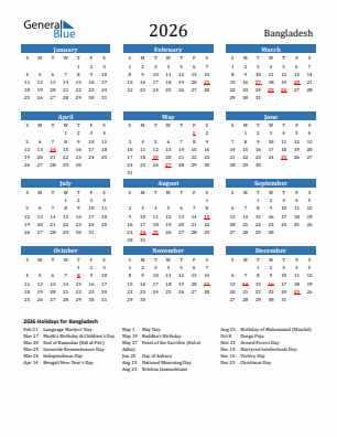 Bangladesh current year calendar 2026 with holidays