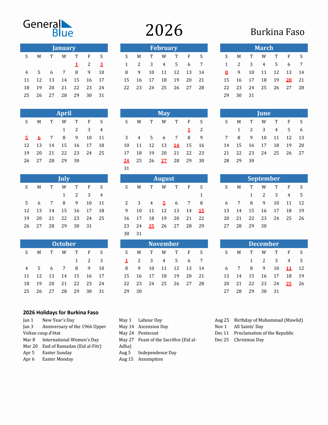 2026 Burkina Faso Calendar with Holidays