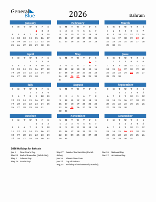Bahrain current year calendar 2026 with holidays