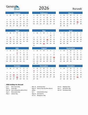 Burundi current year calendar 2026 with holidays