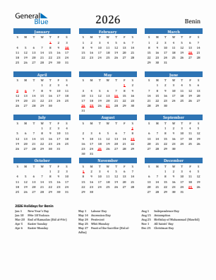 Benin current year calendar 2026 with holidays