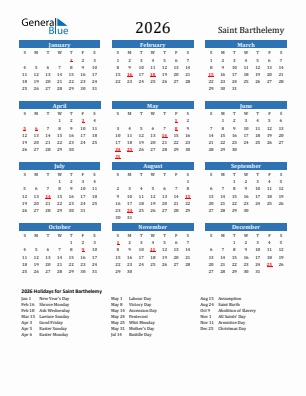 Saint Barthelemy current year calendar 2026 with holidays