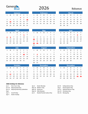 Bahamas current year calendar 2026 with holidays