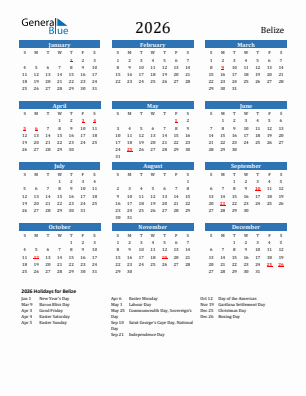 Belize current year calendar 2026 with holidays