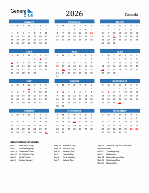 Canada current year calendar 2026 with holidays