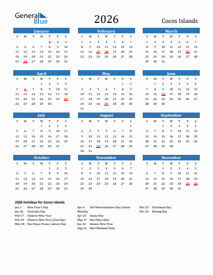 Cocos Islands current year calendar 2026 with holidays
