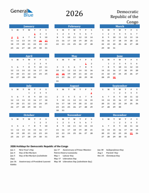 Democratic Republic of the Congo current year calendar 2026 with holidays