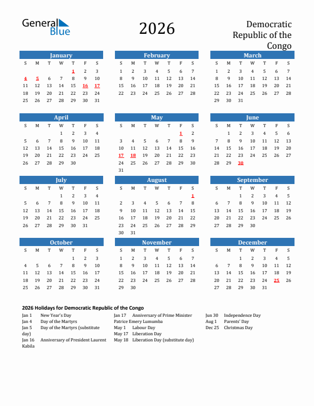 Democratic Republic of the Congo 2026 Calendar with Holidays