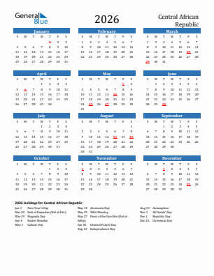 Central African Republic current year calendar 2026 with holidays