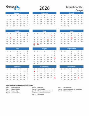 Republic of the Congo current year calendar 2026 with holidays