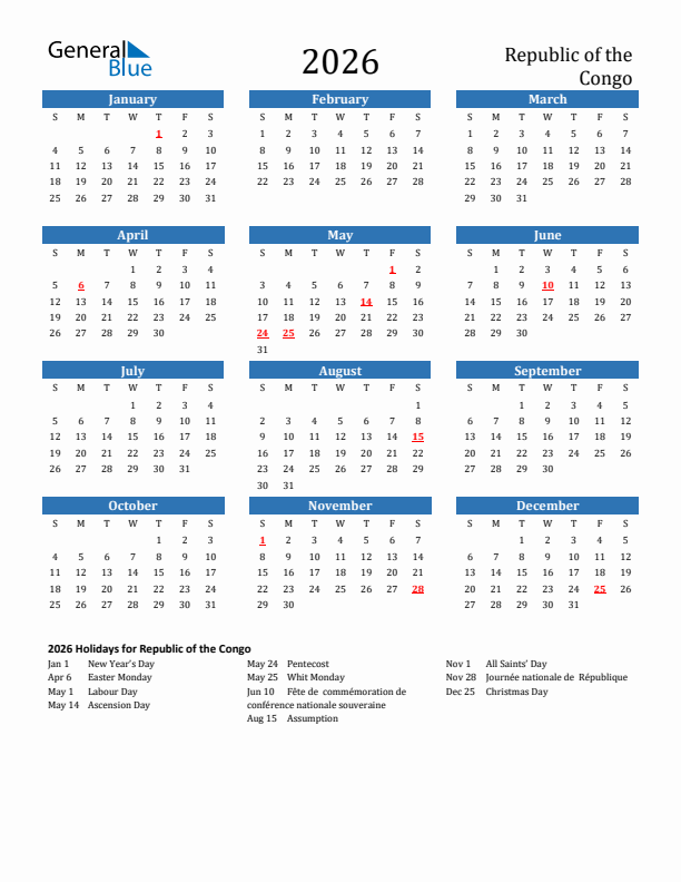 Republic of the Congo 2026 Calendar with Holidays