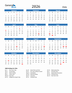 Chile current year calendar 2026 with holidays