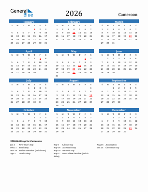 Cameroon current year calendar 2026 with holidays