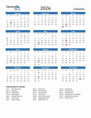 Colombia current year calendar 2026 with holidays