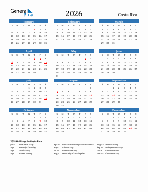 Costa Rica current year calendar 2026 with holidays