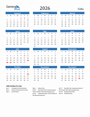 Cuba current year calendar 2026 with holidays