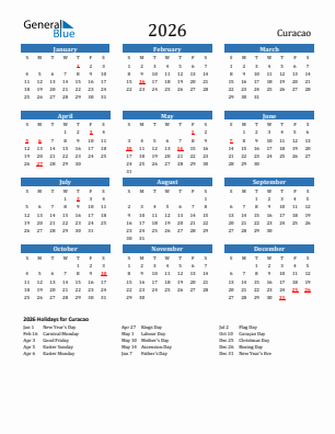Curacao current year calendar 2026 with holidays
