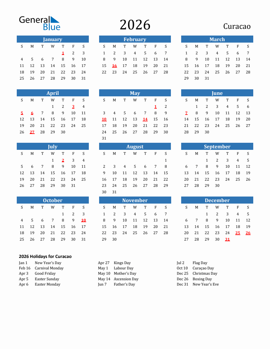Curacao 2026 Calendar with Holidays