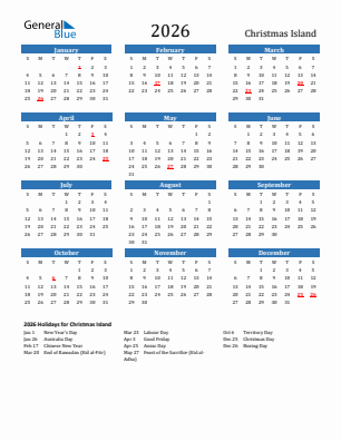 Christmas Island current year calendar 2026 with holidays