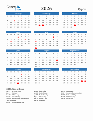 Cyprus current year calendar 2026 with holidays