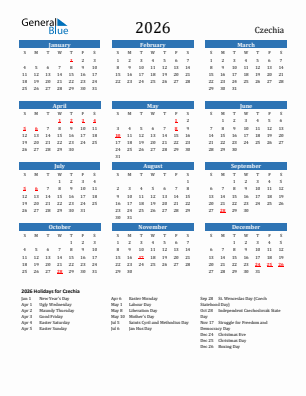 Czechia current year calendar 2026 with holidays