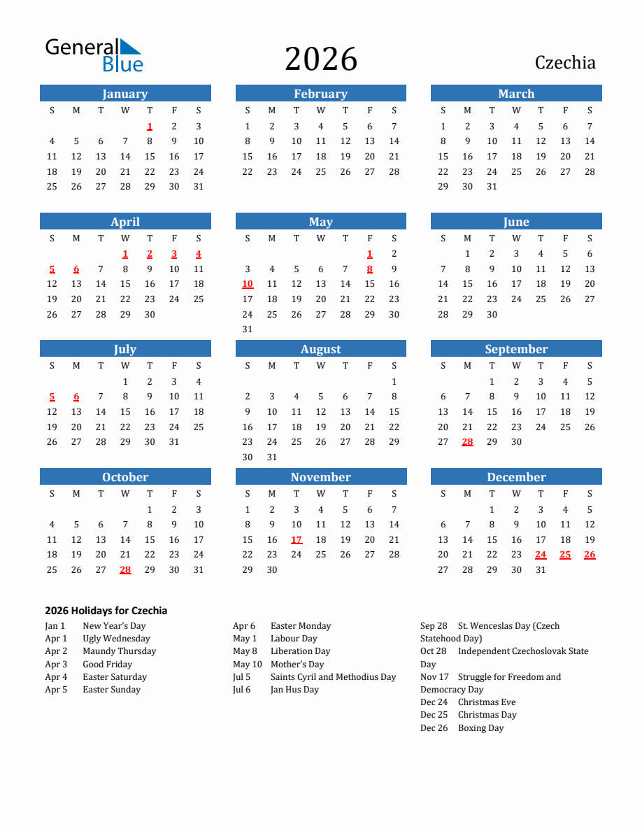Czechia 2026 Calendar with Holidays