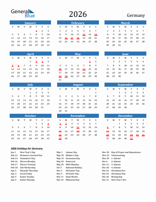 Germany current year calendar 2026 with holidays
