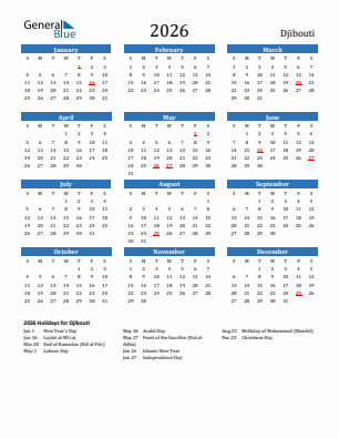 Djibouti current year calendar 2026 with holidays