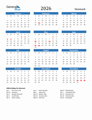 Denmark current year calendar 2026 with holidays