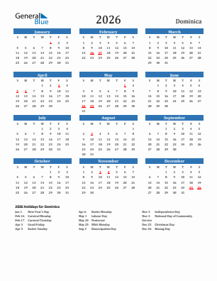 Dominica current year calendar 2026 with holidays