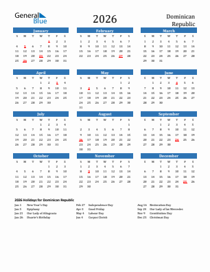 Dominican Republic current year calendar 2026 with holidays