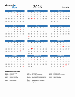 Ecuador current year calendar 2026 with holidays