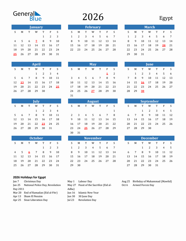 Egypt 2026 Calendar with Holidays