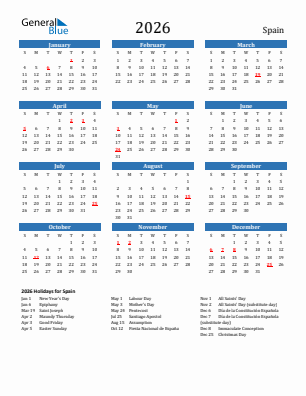 Spain current year calendar 2026 with holidays