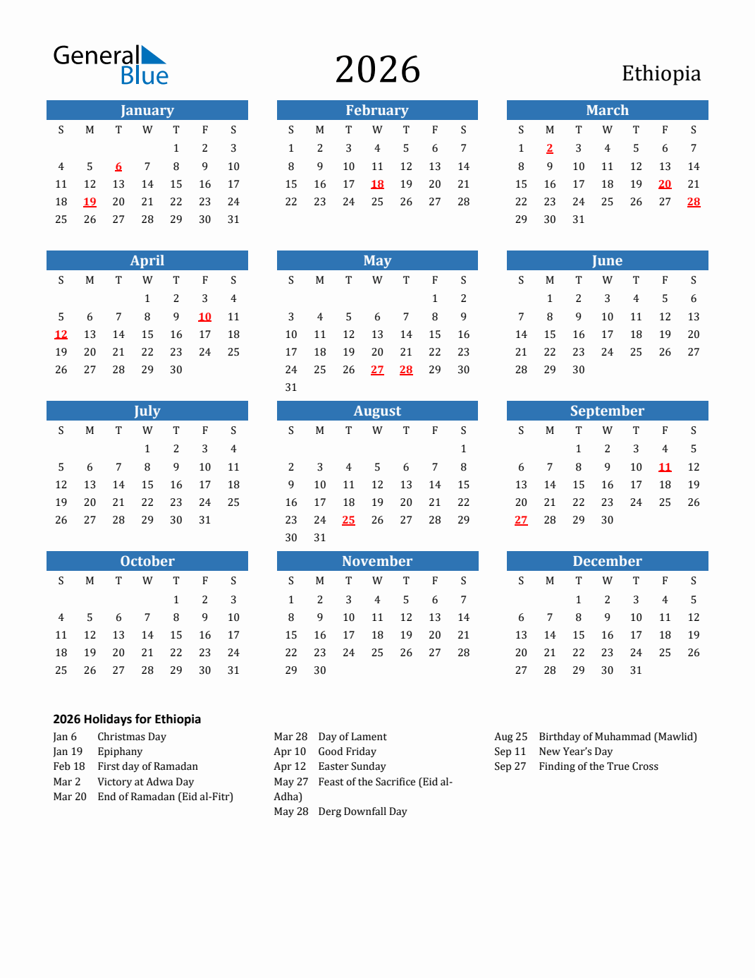 2026 Ethiopia Calendar with Holidays
