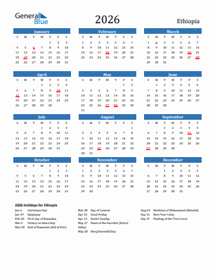 Ethiopia current year calendar 2026 with holidays