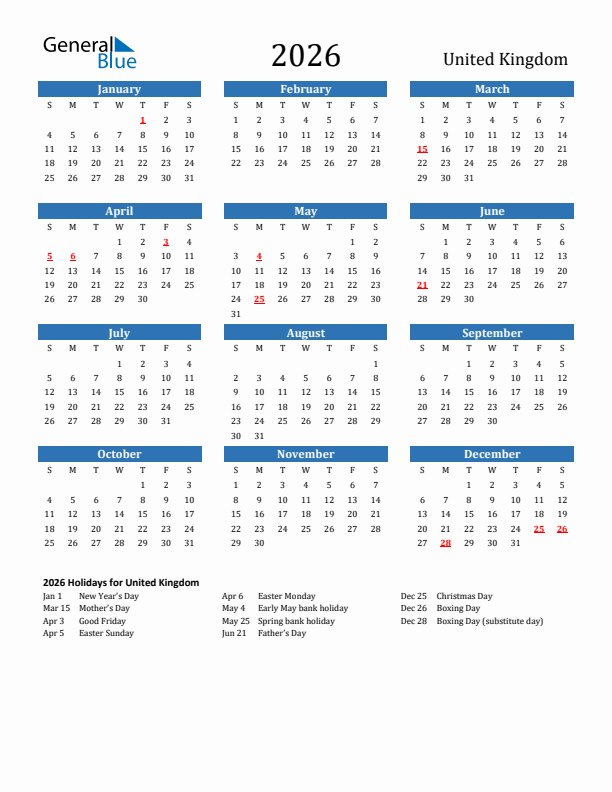 2026 United Kingdom Calendar With Holidays